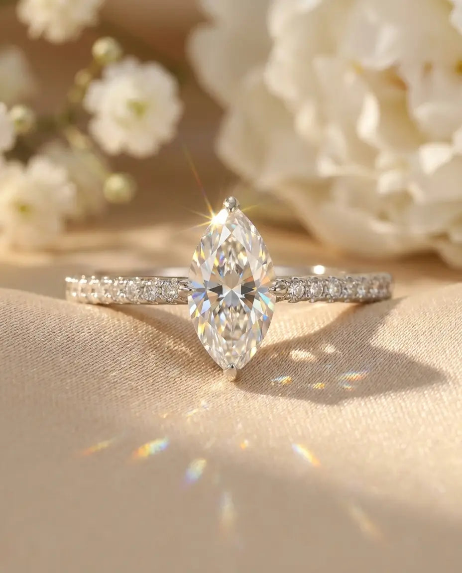 0.5ct Marquise Moissanite Ring - Dainty Pave Silver Engagement Ring - IfShe Jewelry