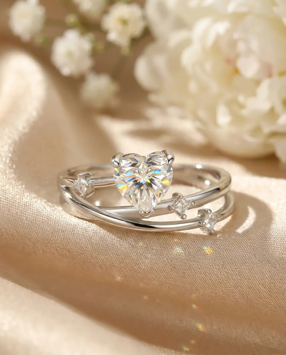 0.8ct Heart Cut Moissanite Ring - Multi-Layer Crossover Band in Sterling Silver - IfShe Jewelry