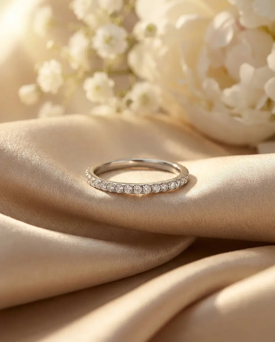 1.3mm Moissanite Pave Wedding Band - Dainty Sterling Silver Stacking Ring - IfShe Jewelry