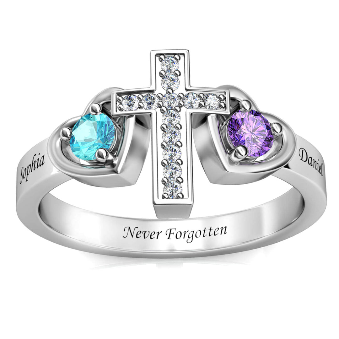 Personalized 2 Birthstone Ring - Engraved Sterling Silver Name Ring - IFSHE