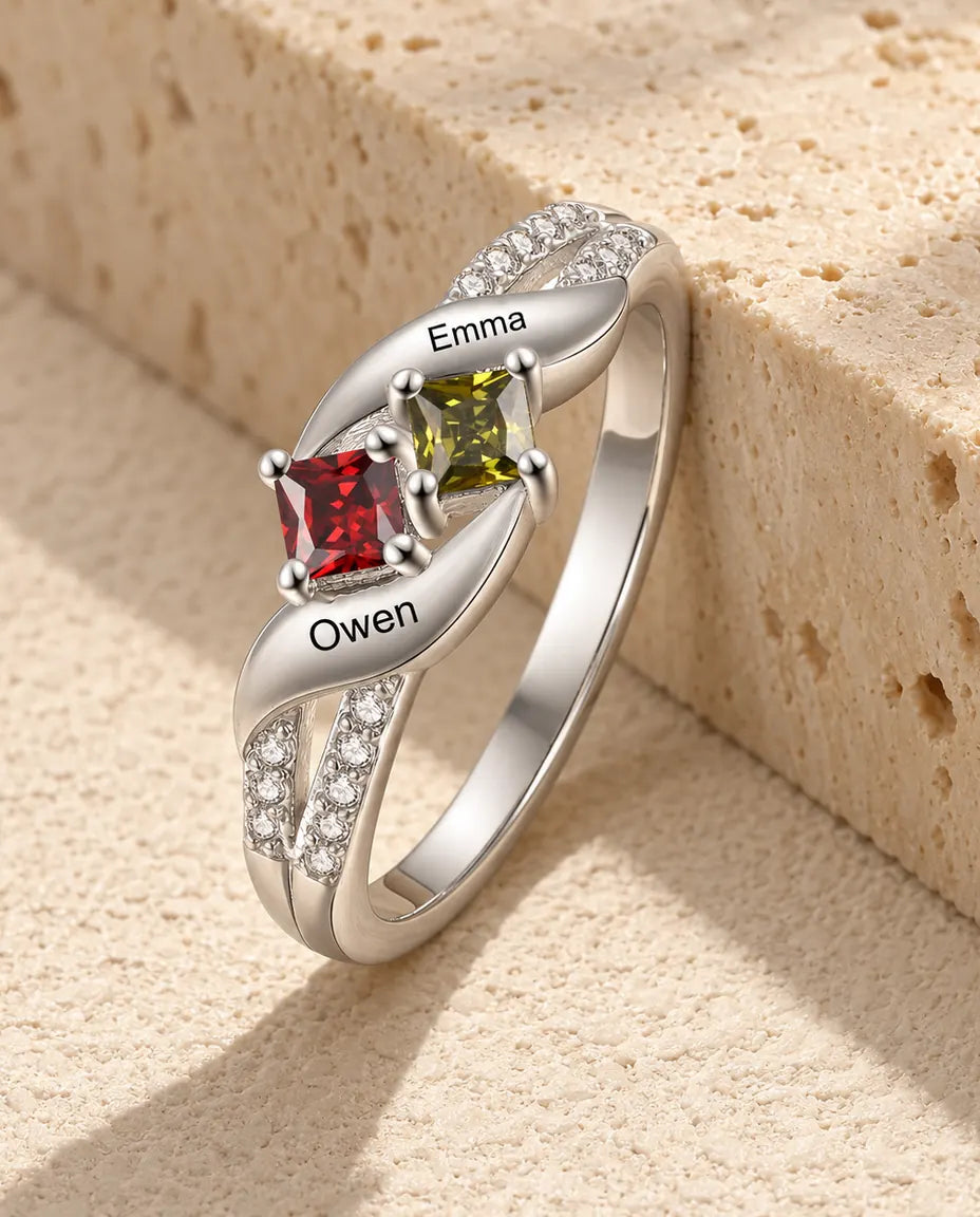 Personalized 2 Name Birthstone Ring - Sterling Silver Promise Ring for Couples or Mom With Two Engraved Names and Simulated Birthstones