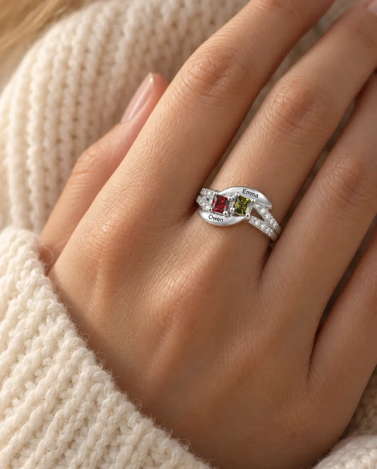 Personalized 2 Name Birthstone Ring - Sterling Silver Promise Ring for Couples or Mom With Two Engraved Names and Simulated Birthstones