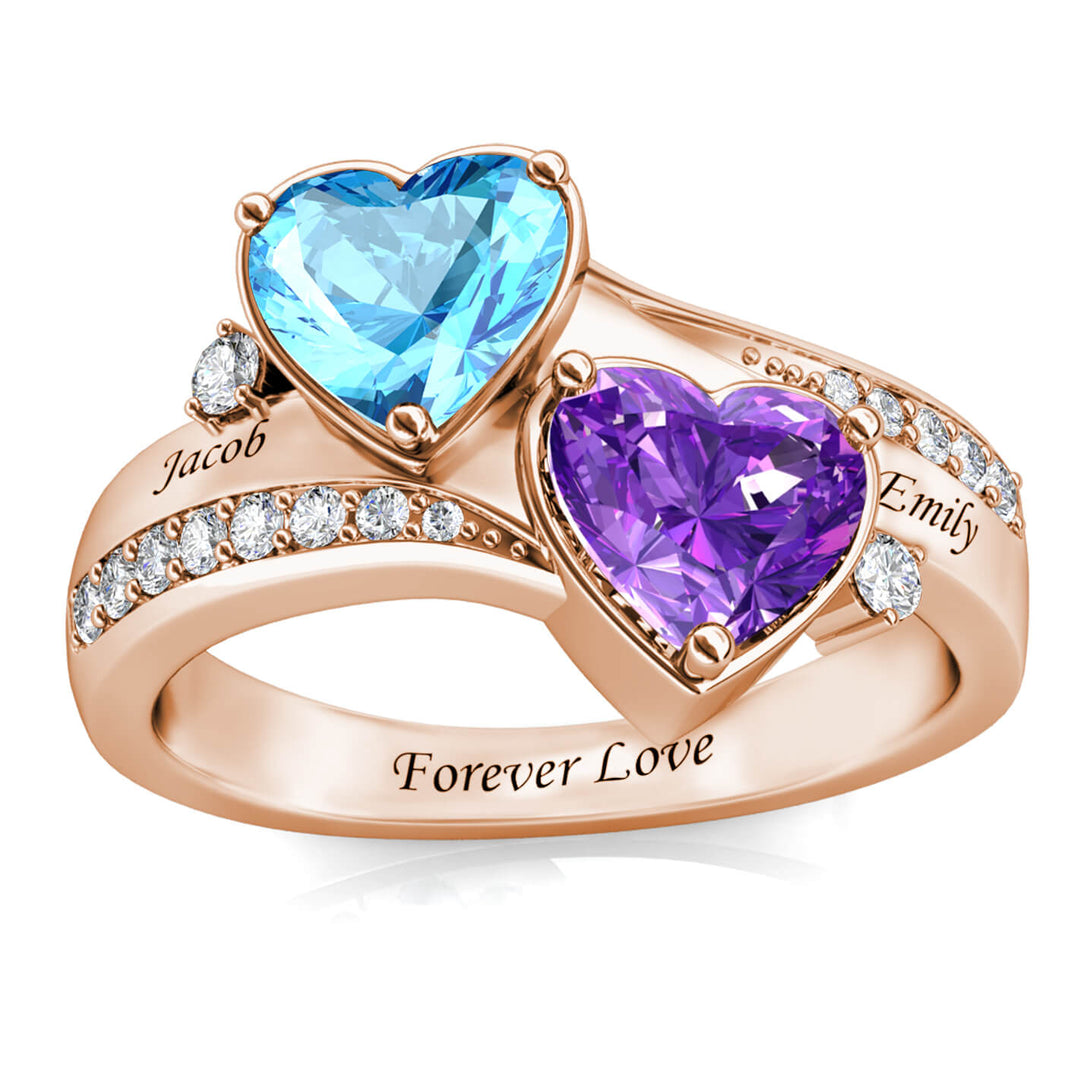 Personalized 2 Birthstone Ring - Engraved Sterling Silver 2 Name Ring - Rose Gold - IFSHE UK