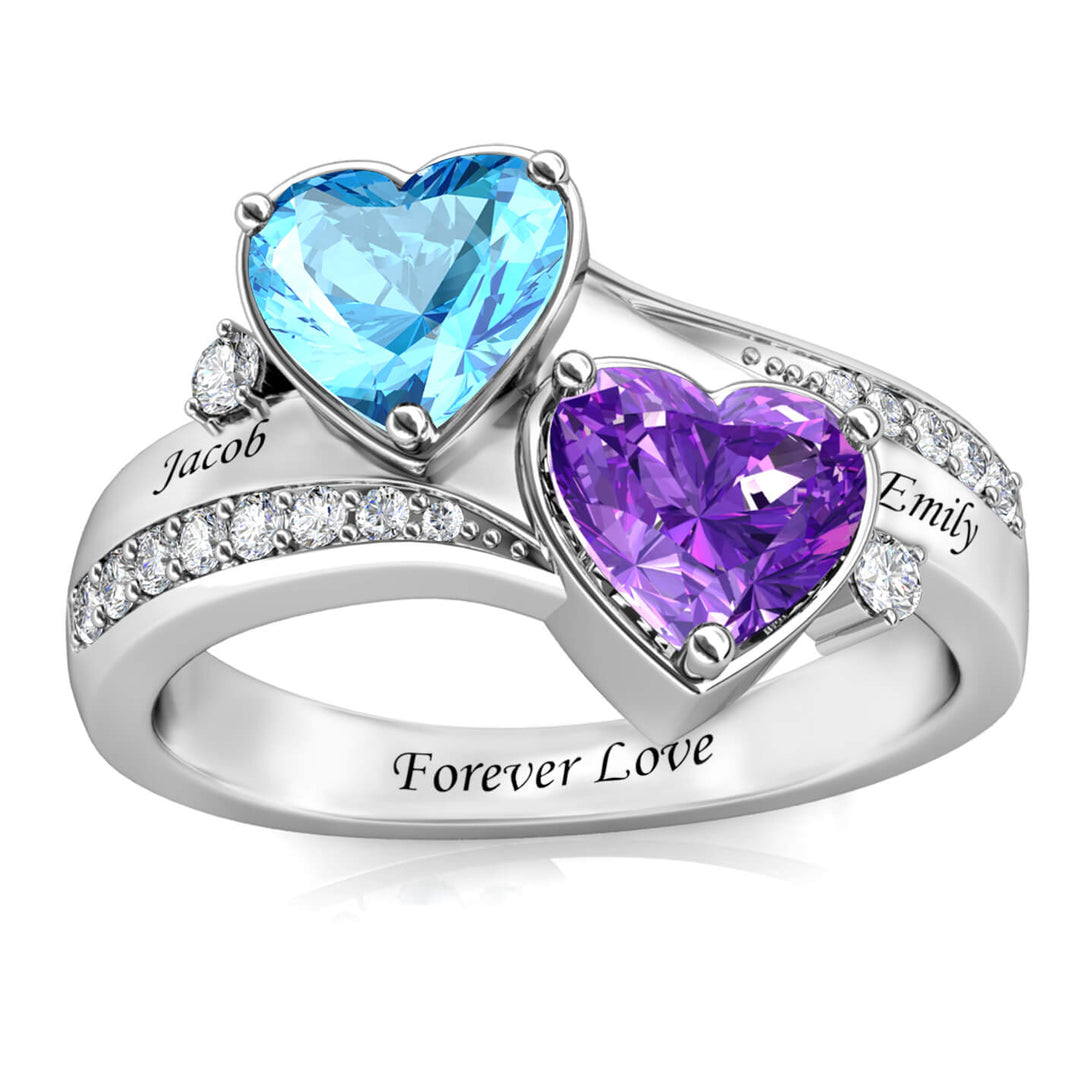 Personalized 2 Birthstone Ring - Engraved Sterling Silver 2 Name Ring - IFSHE UK