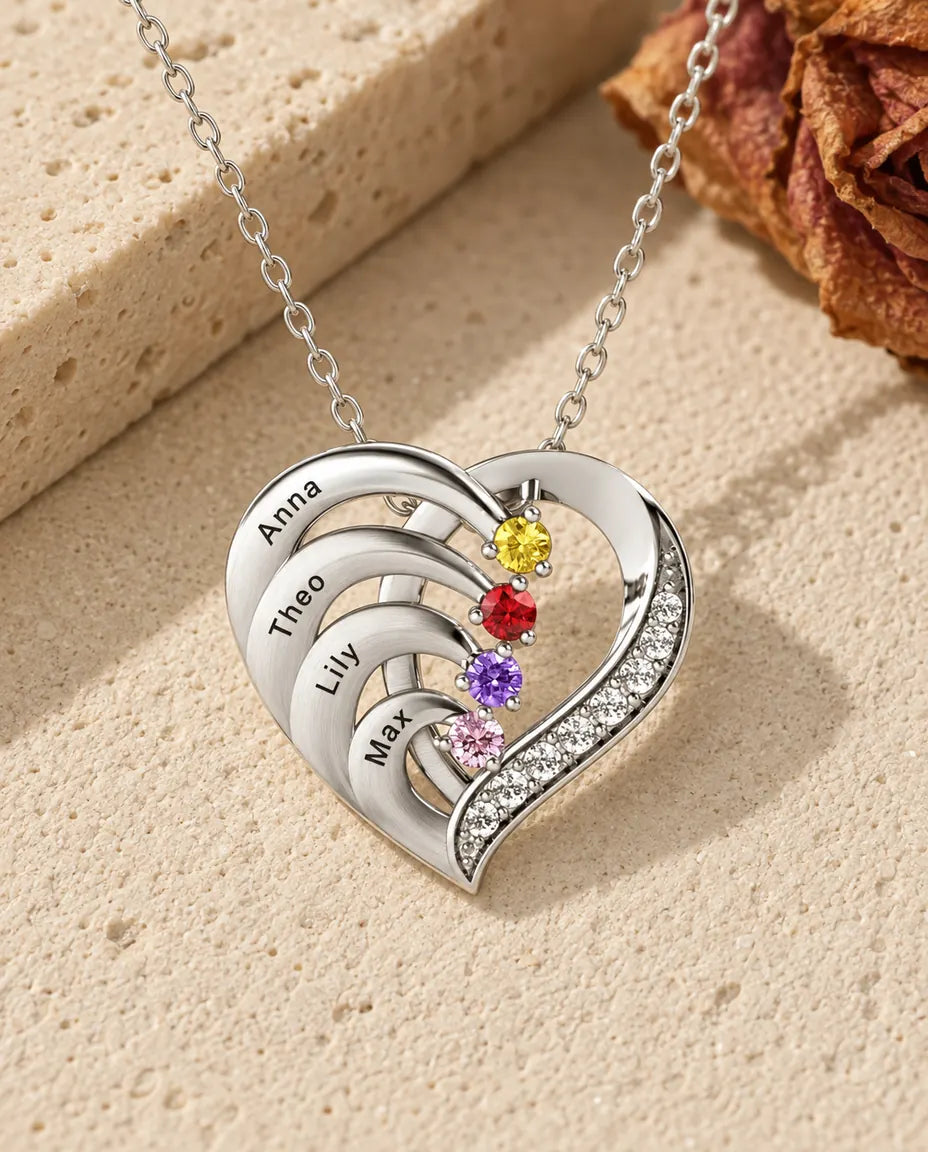 Personalized 4 Name Birthstone Necklace - front view in silver