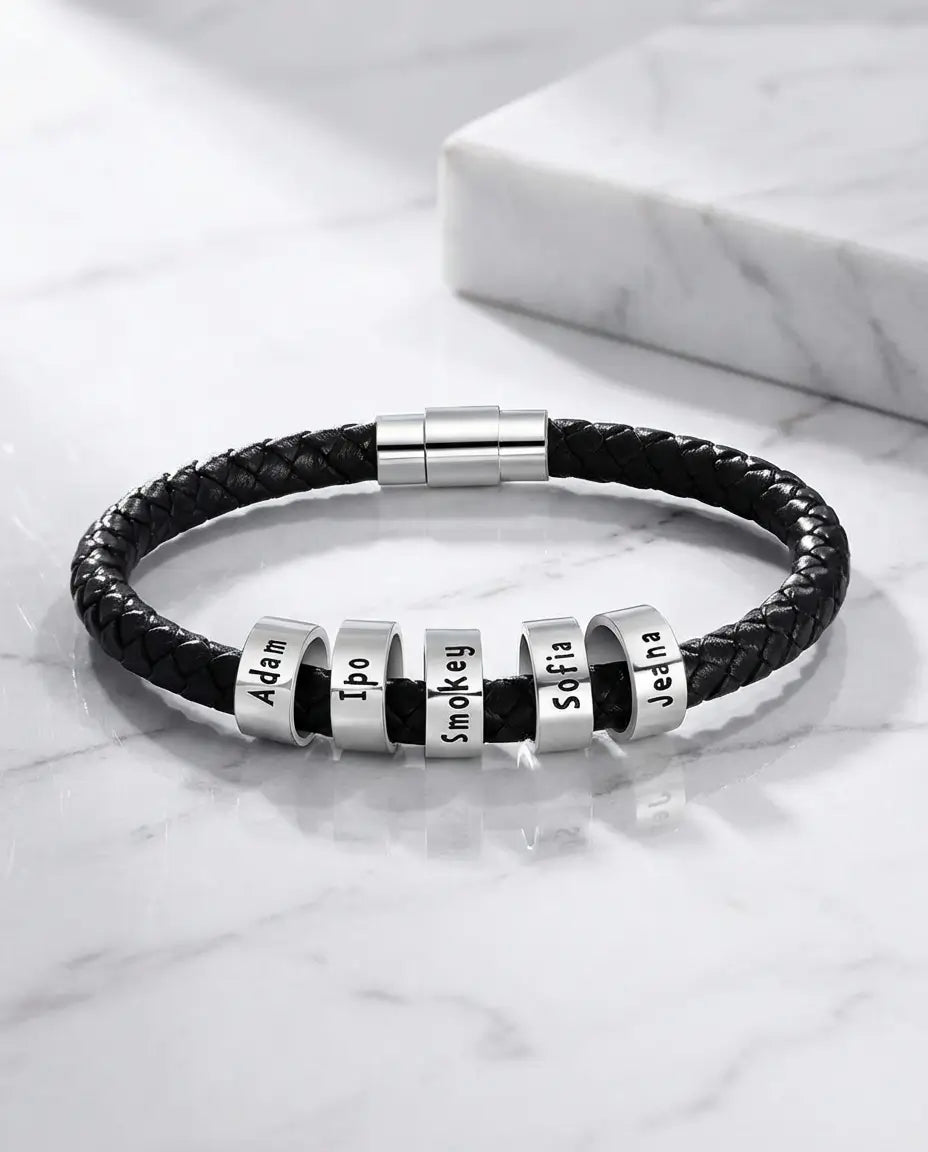 Custom Men's Braided Leather Bracelet with Engraved Name Beads IfShe Jewelry