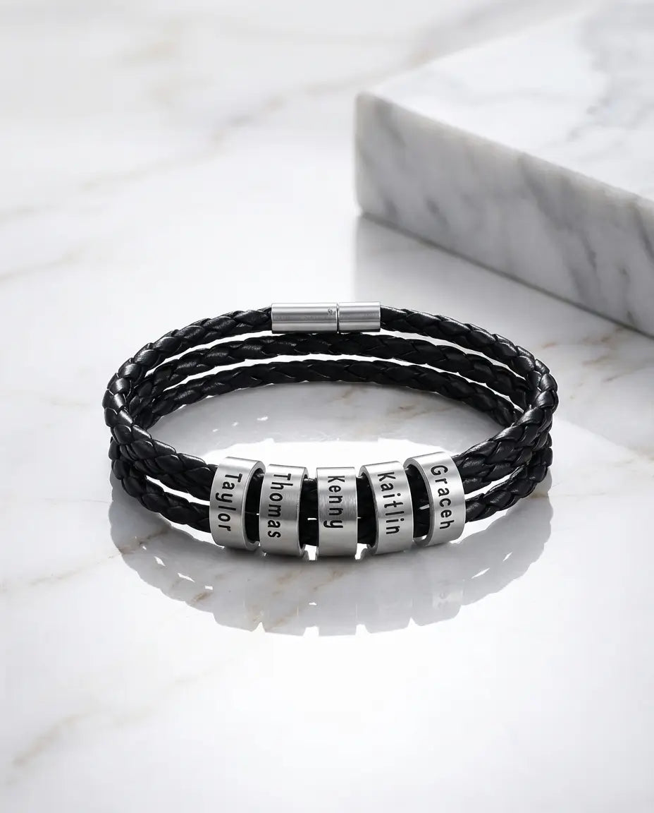 Custom Men's Leather Bracelet with Engraved Name Beads IfShe Jewelry