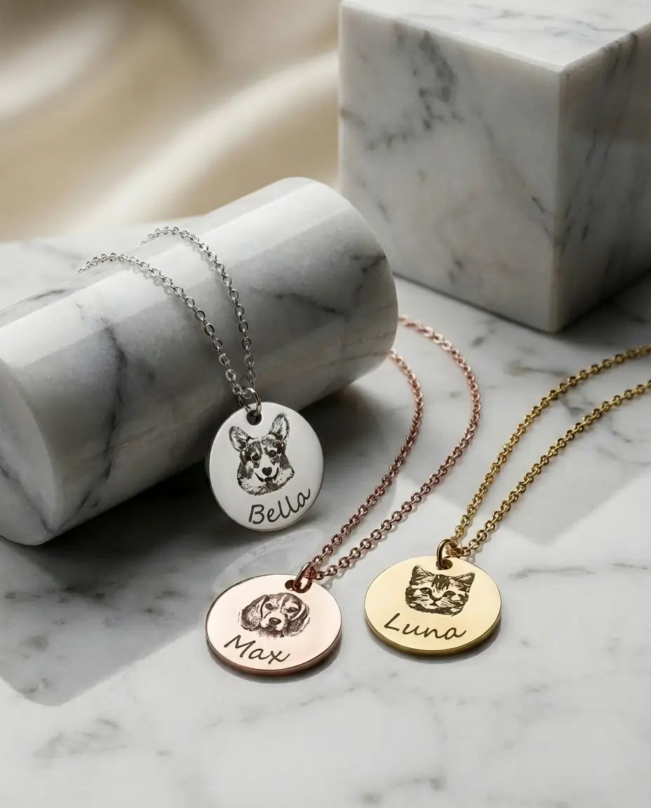 Custom Pet Portrait Necklace - Personalized Engraved Disc Pendant in Stainless Steel IfShe Jewelry