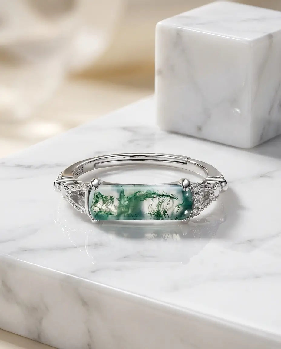 East-West Rectangular Moss Agate Ring - Vintage Adjustable Silver Bar Ring IfShe Jewelry