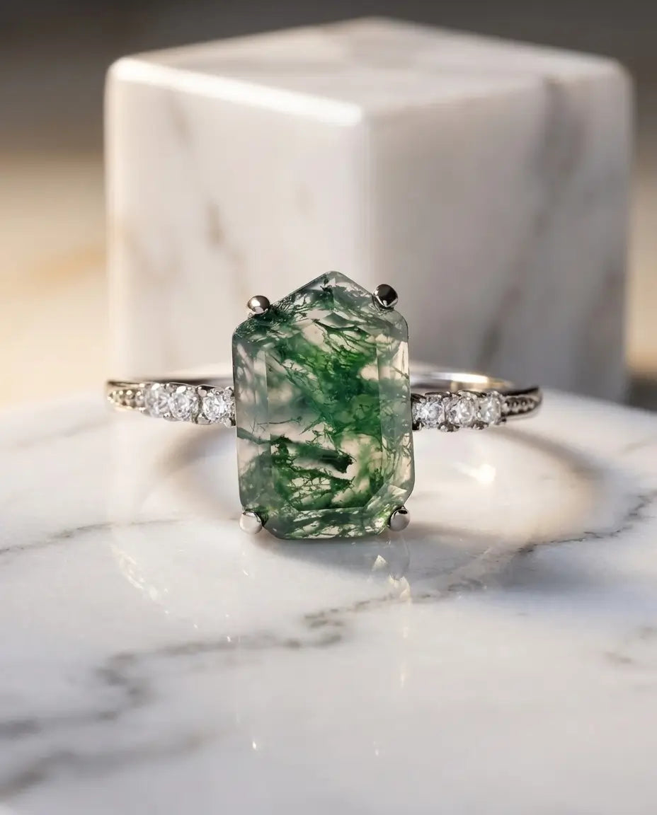 Emerald-Cut Moss Agate Adjustable Ring - White Gold Plated Open Band
