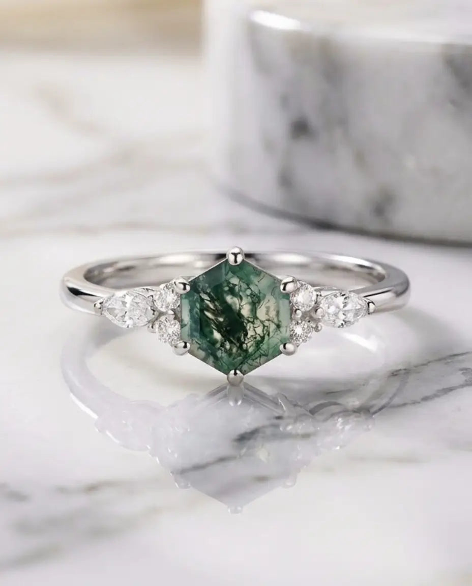 Hexagon Moss Agate Ring - Vintage Art Deco Design in Sterling Silver & Gold