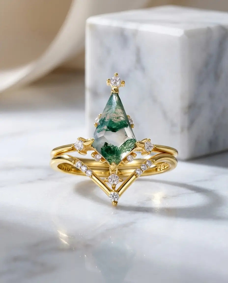 Kite-Cut Moss Agate Ring Set - Art Deco 10k Gold Plated Bridal Stack IfShe Jewelry