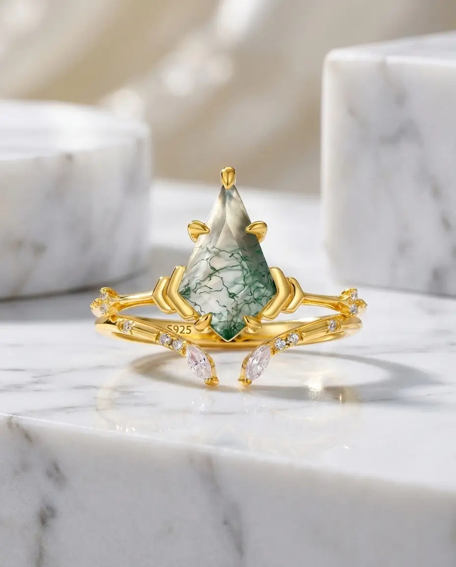 Kite-Cut Moss Agate Ring Set - Gold Plated Bridal Stack with Open Cuff Band IfShe Jewelry