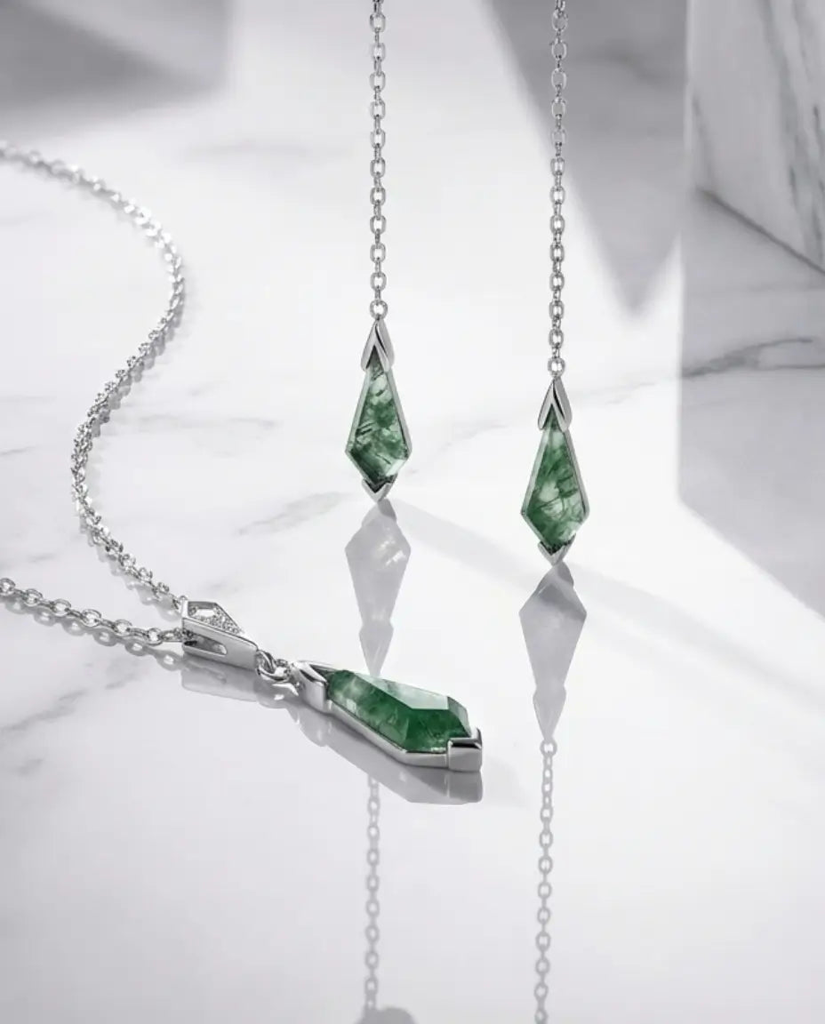 Kite-Cut Moss Agate Jewelry Set - Sterling Silver Necklace & Drop Earrings IfShe Jewelry