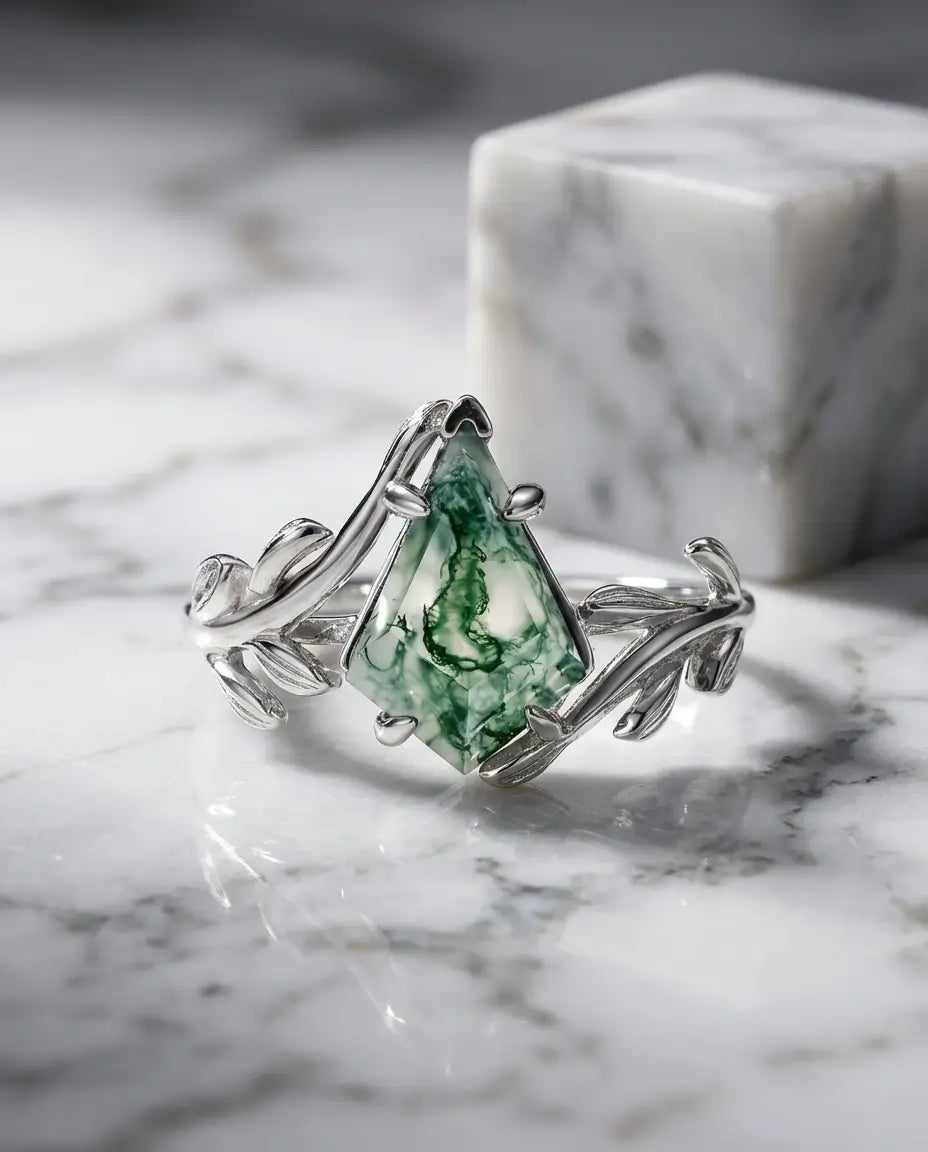 Kite-Cut Moss Agate Ring - Vintage Leaf Design in White Gold Plated Silver IfShe Jewelry