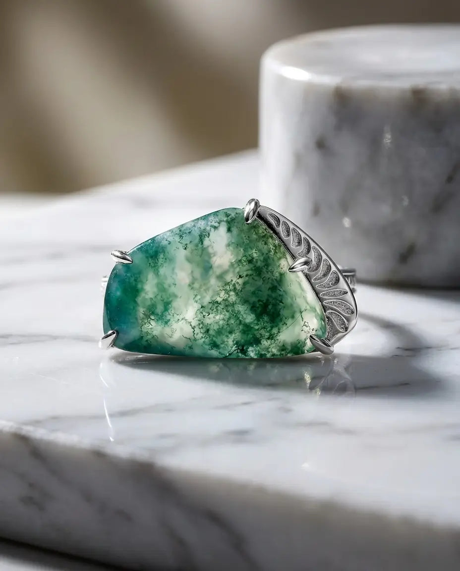 Large Freeform Moss Agate Statement Ring - Leaf Engraved Adjustable Silver Band IfShe Jewelry
