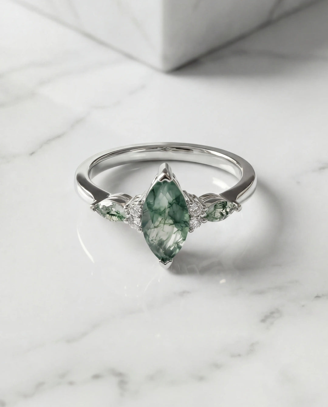 Marquise Moss Agate Ring - Vintage Style Nature Engagement Ring IfShe Jewelry