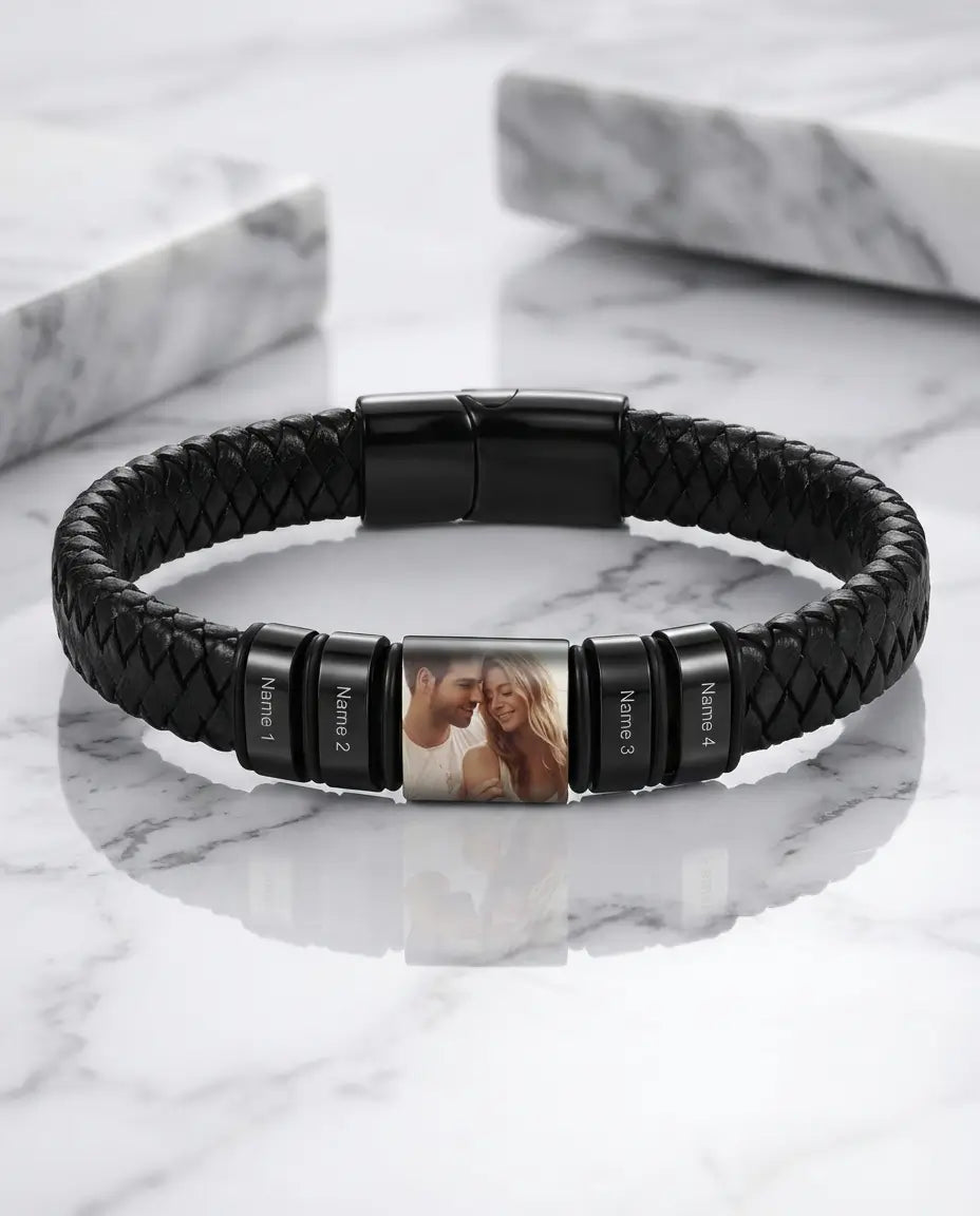 Men's Custom Photo Bracelet - Braided Leather with Engraved Name Beads IfShe Jewelry