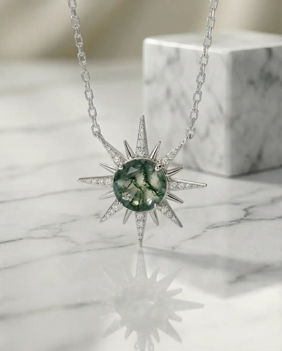 Moss Agate Sunburst Necklace - Sterling Silver Celestial Pendant IfShe Jewelry