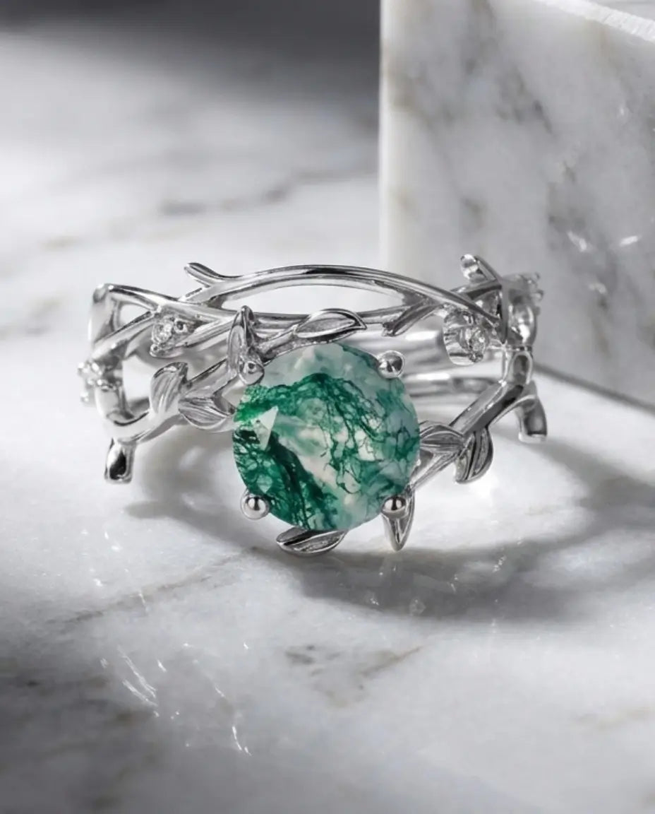 Nature-Inspired Moss Agate Ring Set - Adjustable Twig Design in Sterling Silver IfShe Jewelry