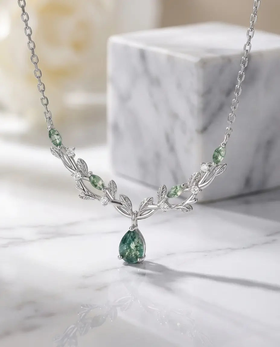 Nature-Inspired Pear Cut Moss Agate Necklace - Silver Vine & Leaf Pendant IfShe Jewelry