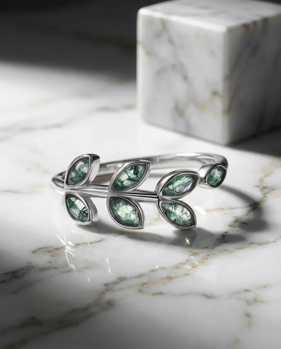 Olive Branch Moss Agate Ring - Adjustable Silver Leaf Design Ifhe Jewelry