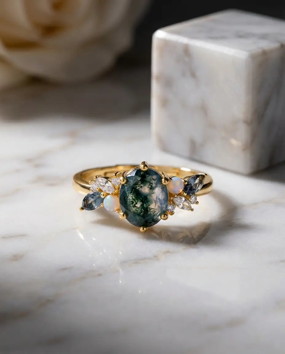 Oval Moss Agate & Opal Cluster Ring - Adjustable Gold Plated Vintage Design - IfShe Jewelry