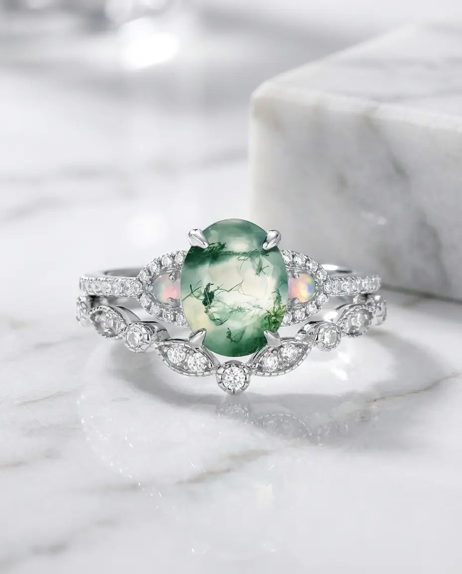 Oval Moss Agate Wedding Set with Opal Accents - Vintage Style IfShe Jewelry
