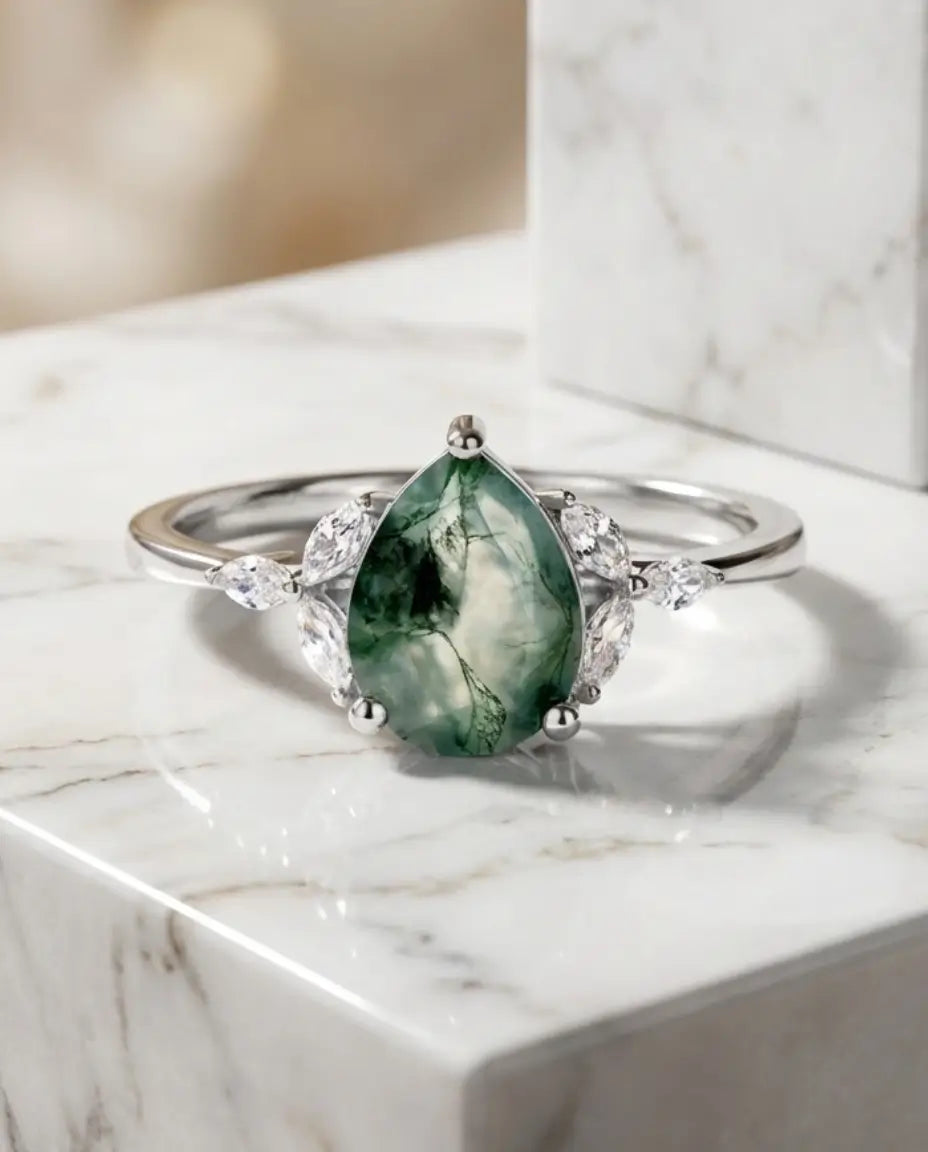 Pear-Shaped Moss Agate Engagement Ring - Sterling Silver Teardrop Ring with Marquise Accents IfShe Jewelry