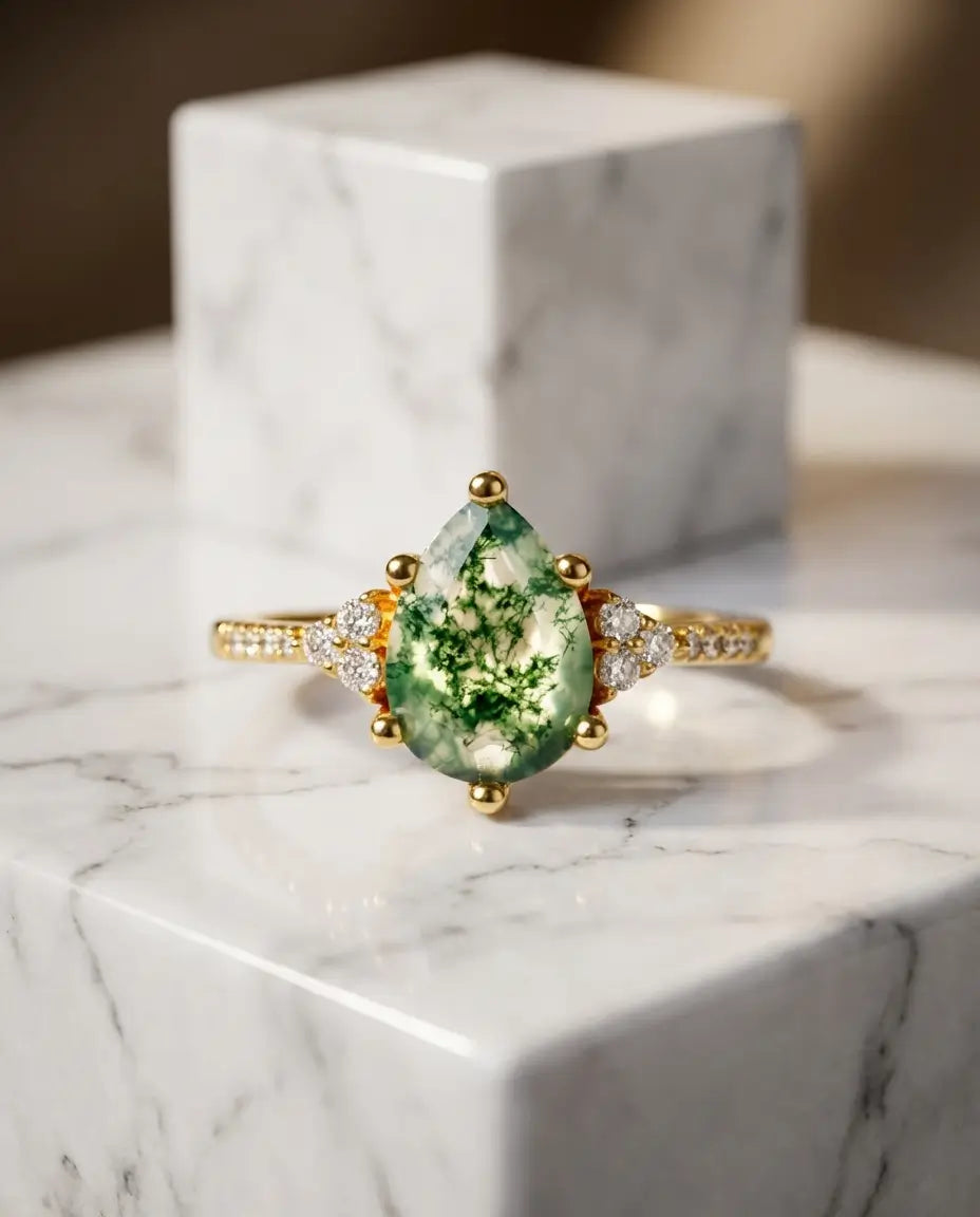 Pear-Shaped Moss Agate Ring - Pave Shoulder Teardrop Design in Silver or Gold IfShe Jewelry