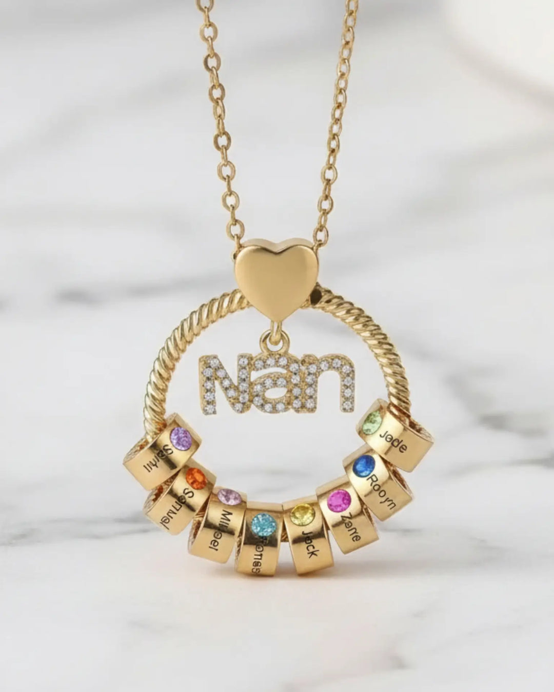 Personalized Nan Birthstone Necklace – Engraved Name Beads, Cubic Zirconia Pendant, Gift for Nan, Grandma, Mother's Day, Birthday