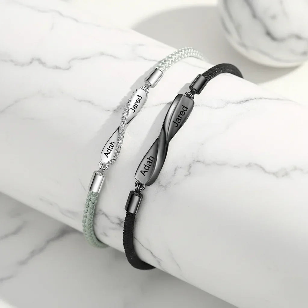 Personalized Couple Bracelets with Engraved Bar and Magnetic Heart Clasp