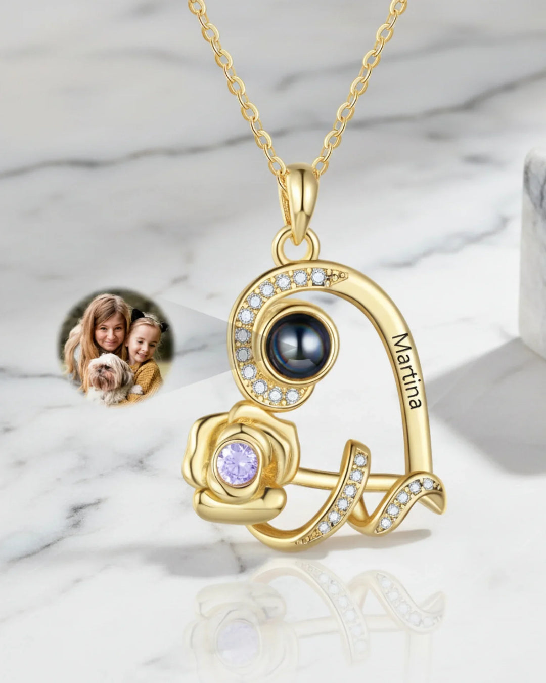 Personalized Heart Rose Photo Projection Necklace