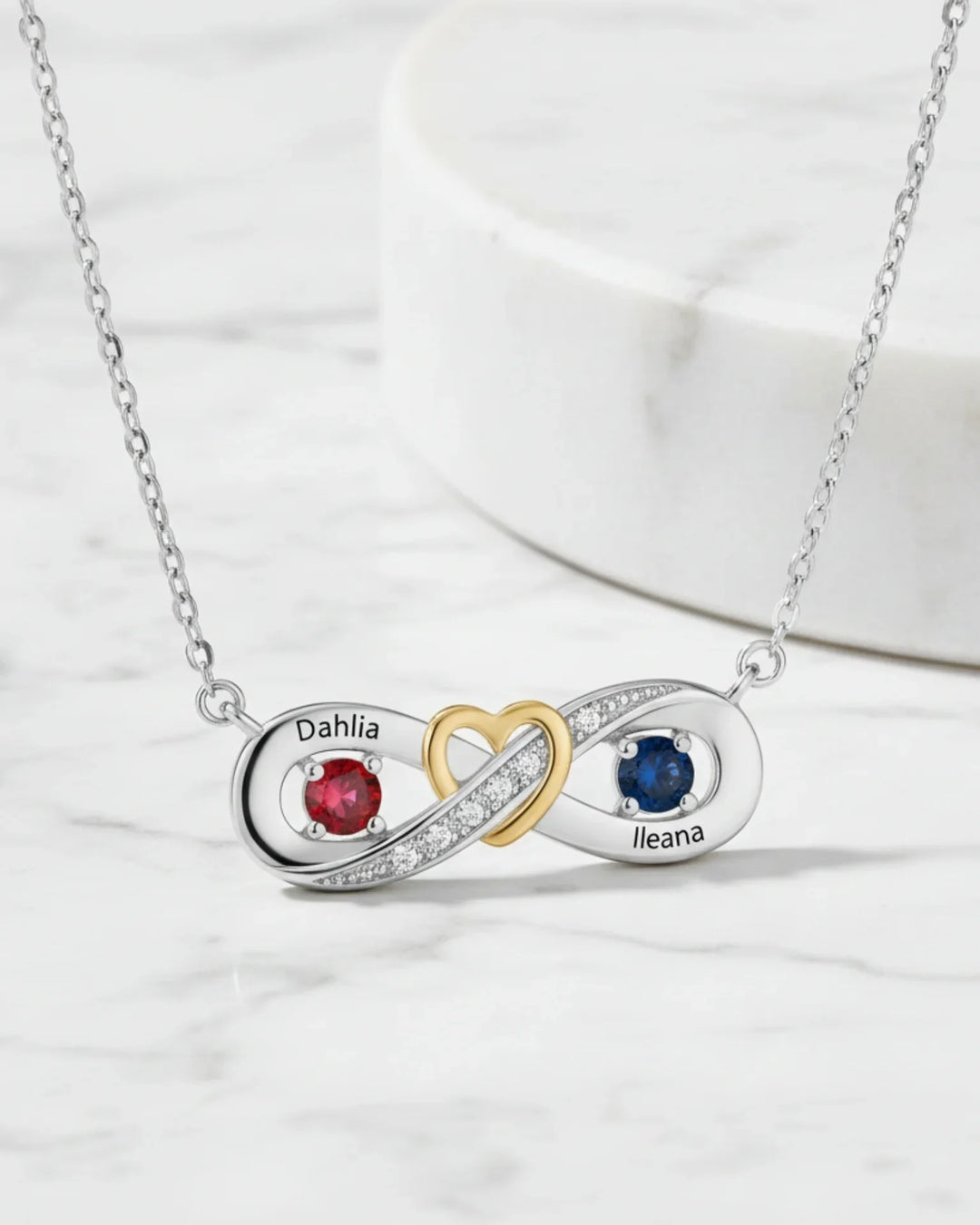 Sterling Silver Personalized Infinity Heart Birthstone Necklace with Engraved Names IfShe