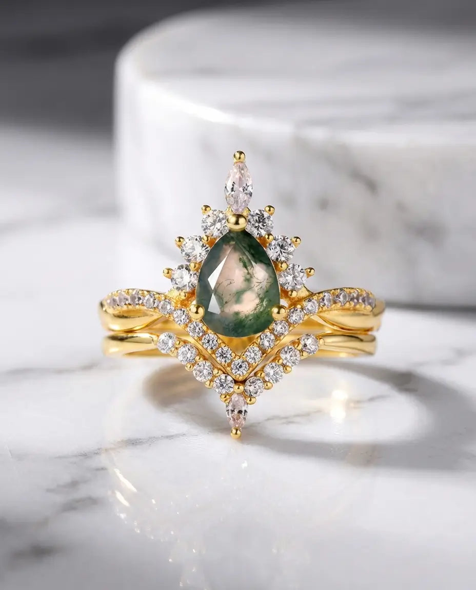 Vintage Pear Moss Agate Bridal Set - Sunburst Crown Ring with Nesting Band IfShe Jewelry