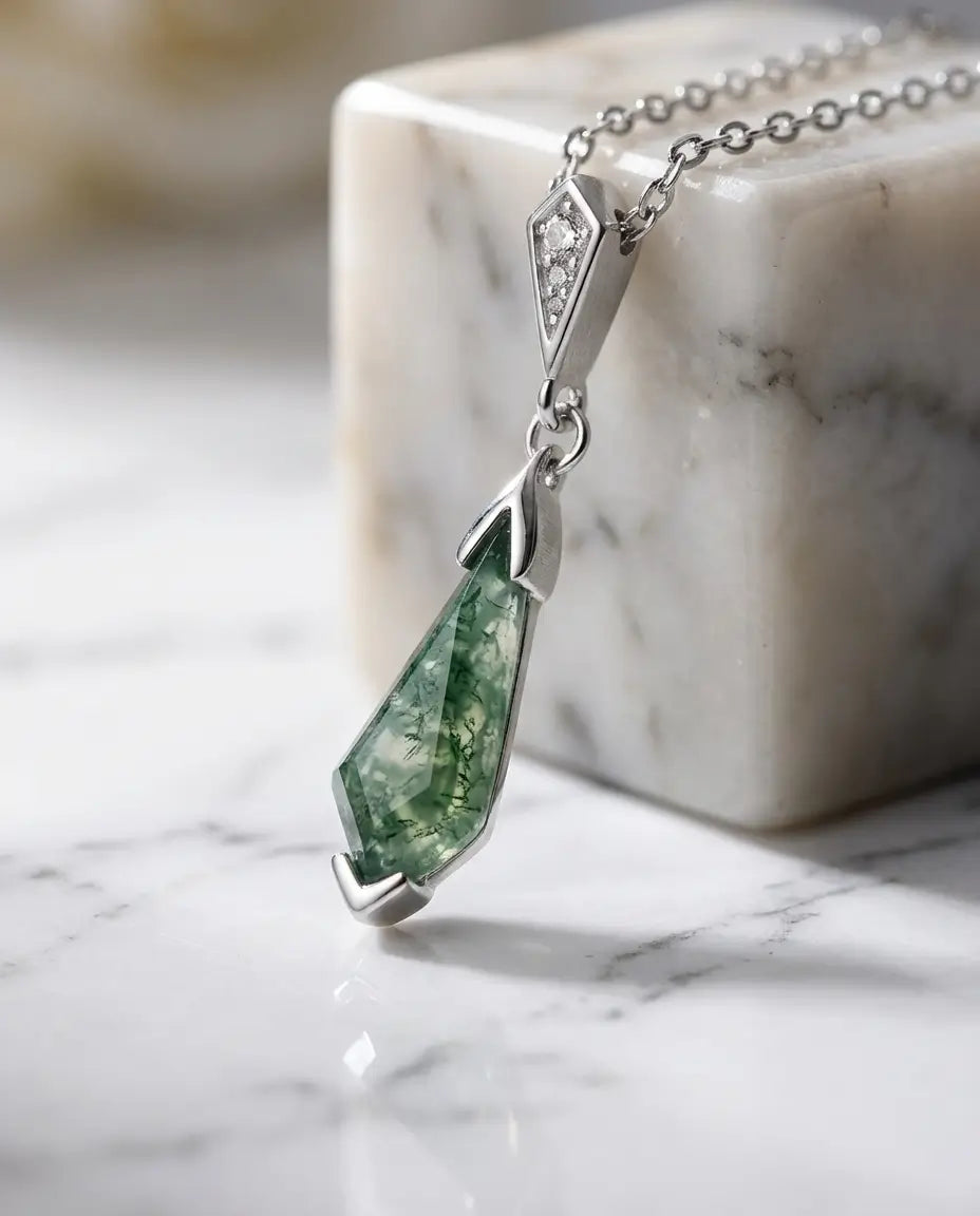 Vintage Kite-Shaped Moss Agate Necklace - Sterling Silver Art Deco Pendant IfShe Jewelry
