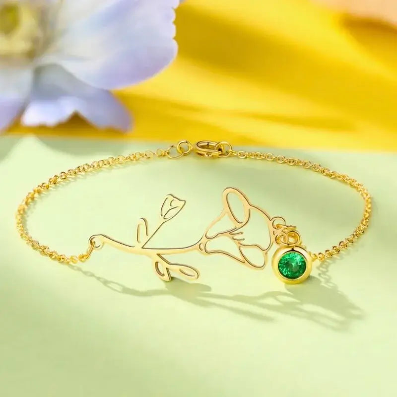 Birth Flower Birthstone Bracelet – Personalized, Sterling Silver – for Mum, Her – Mother's Day Gift, Three Colors