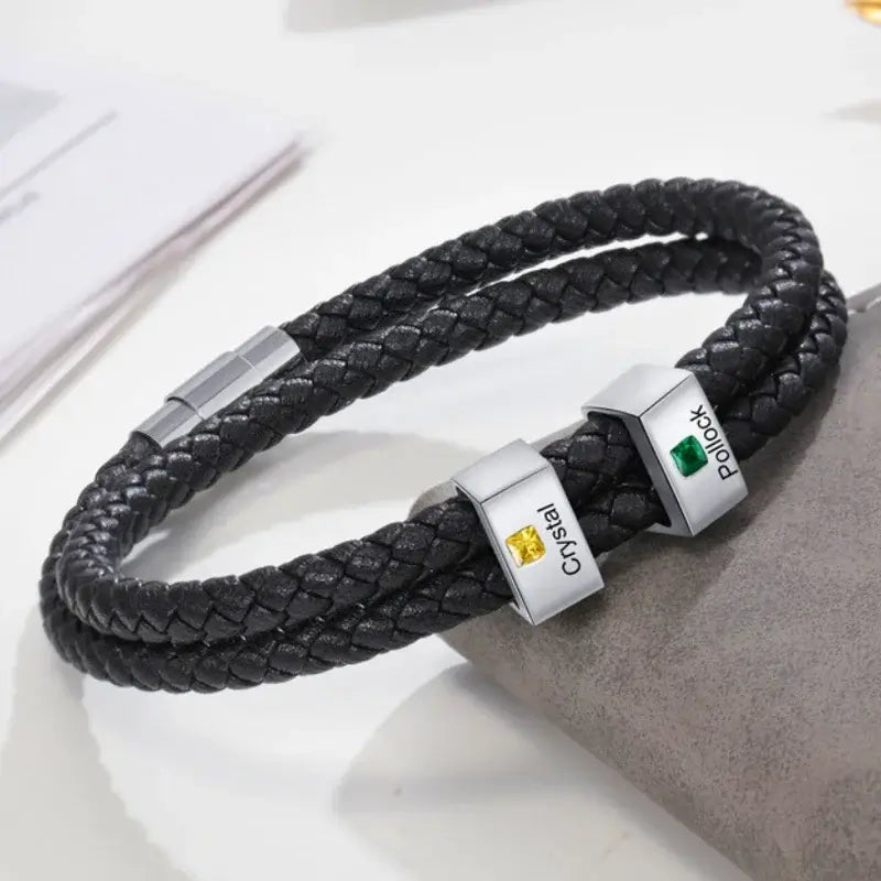 Personalized Men's Leather Birthstone Bracelet – Black with Engraved Names, Stainless Steel – Birthday Gift for Him, Dad