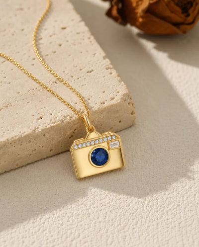 Personalized Camera Photo Locket Necklace That Holds 2 Pictures, Engraved Birthstone Camera Locket in Gold or Silver, Photographer Gift