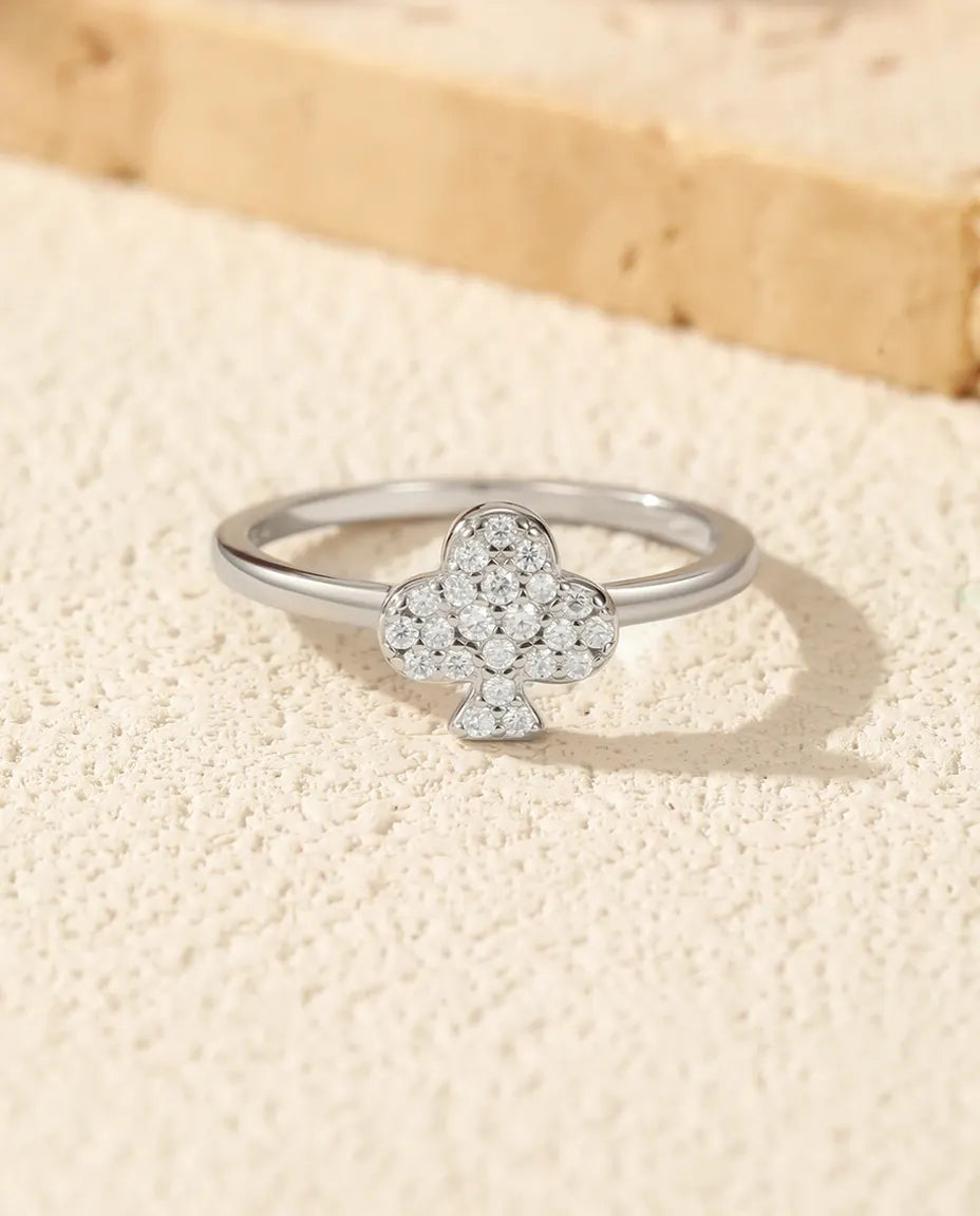 Pave moissanite clover ring in 925 sterling silver, lucky club charm