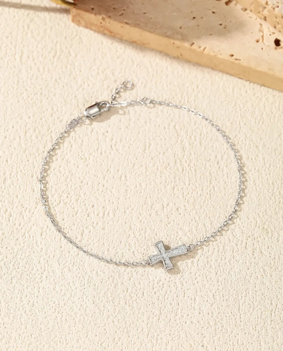 Cross moissanite bracelet, D color pave cross charm, 925 sterling silver