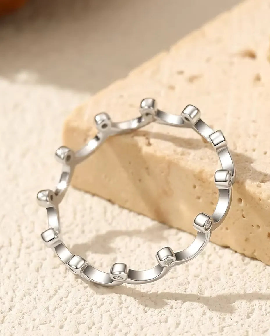 Crown Moissanite Stacking Ring - Twelve Bezel Set D Color Stones in 925 Sterling Silver, 3.2 mm, Sizes 5-9