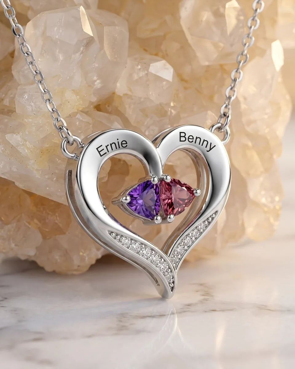 Personalized Birthstone Necklace – Custom 2 Names Heart Pendant, 925 Sterling Silver for Mom, Her, Mother's Day Birthday Gift