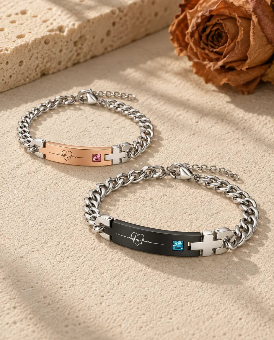 Heartbeat Matching Bracelets for Couples - matching pair laid flat