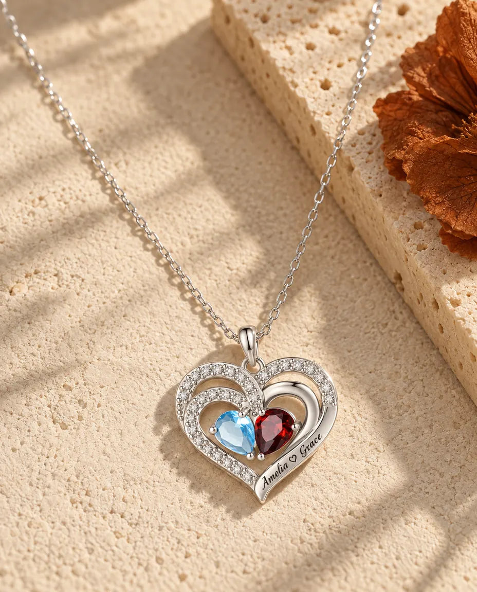 Personalized Birthstone Necklace With 2 Names - Double Heart Pendant With Two Pear Simulated Birthstones, Silver