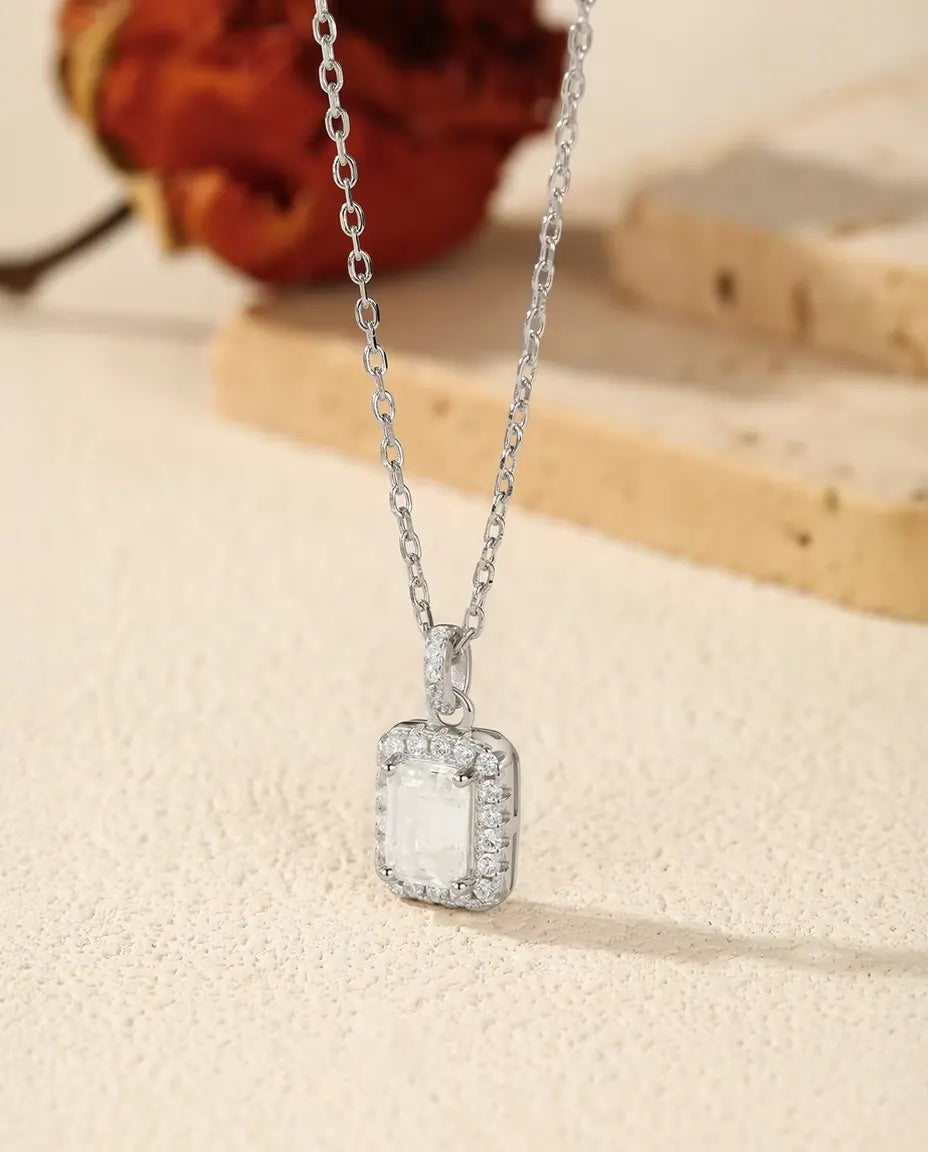 Emerald Cut Moissanite Jewelry Set in 925 Sterling Silver - Halo Pendant Necklace and Stud Earrings, 1 ct and 0.8 ct Center Stones, Bridal Gift