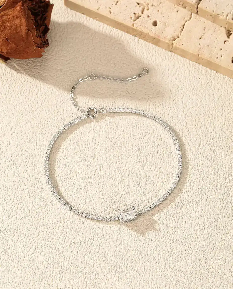 Emerald Cut Moissanite Tennis Bracelet - 1 ct D Color Center Stone, 925 Sterling Silver, 16 + 5 cm Adjustable