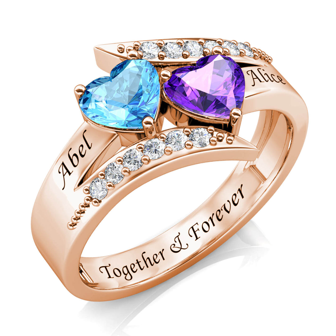 Personalized 2 Birthstone Ring - Engraved Sterling Silver 2 Name Ring - Rose Gold - IFSHE