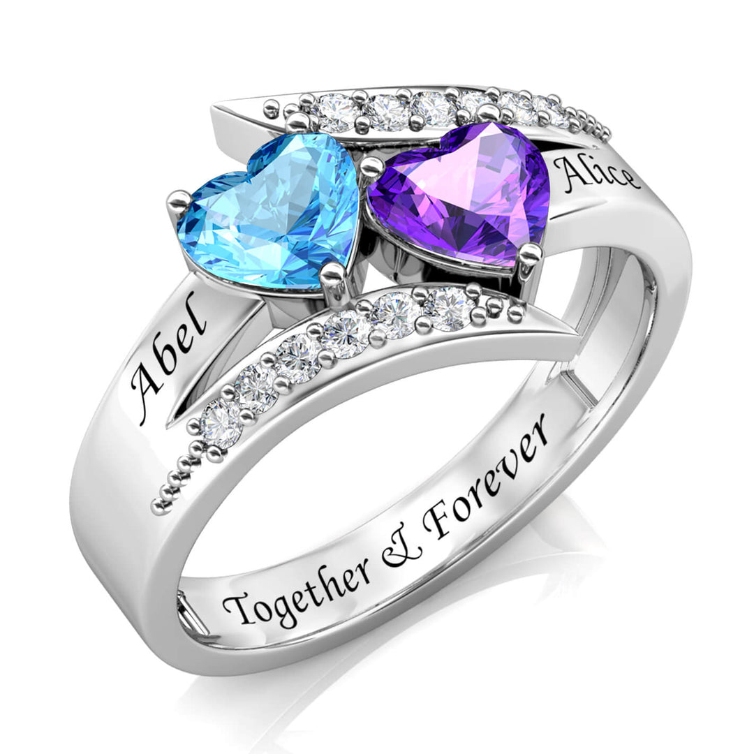 Personalized 2 Birthstone Ring - Engraved Sterling Silver 2 Name Ring - IFSHE