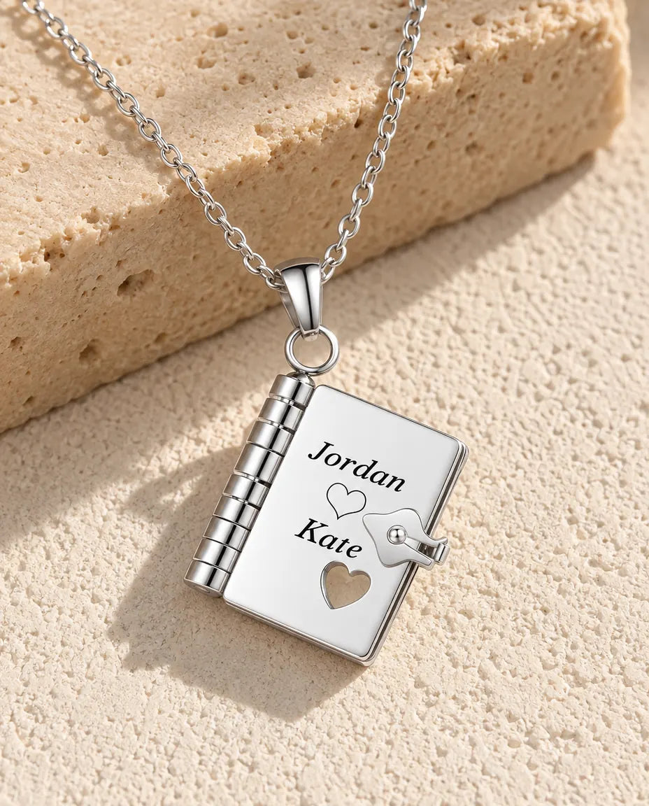 Personalized Book Locket Necklace - Engraved Mini Notebook Pendant With 3 Custom Messages, Stainless Steel in Silver or Gold